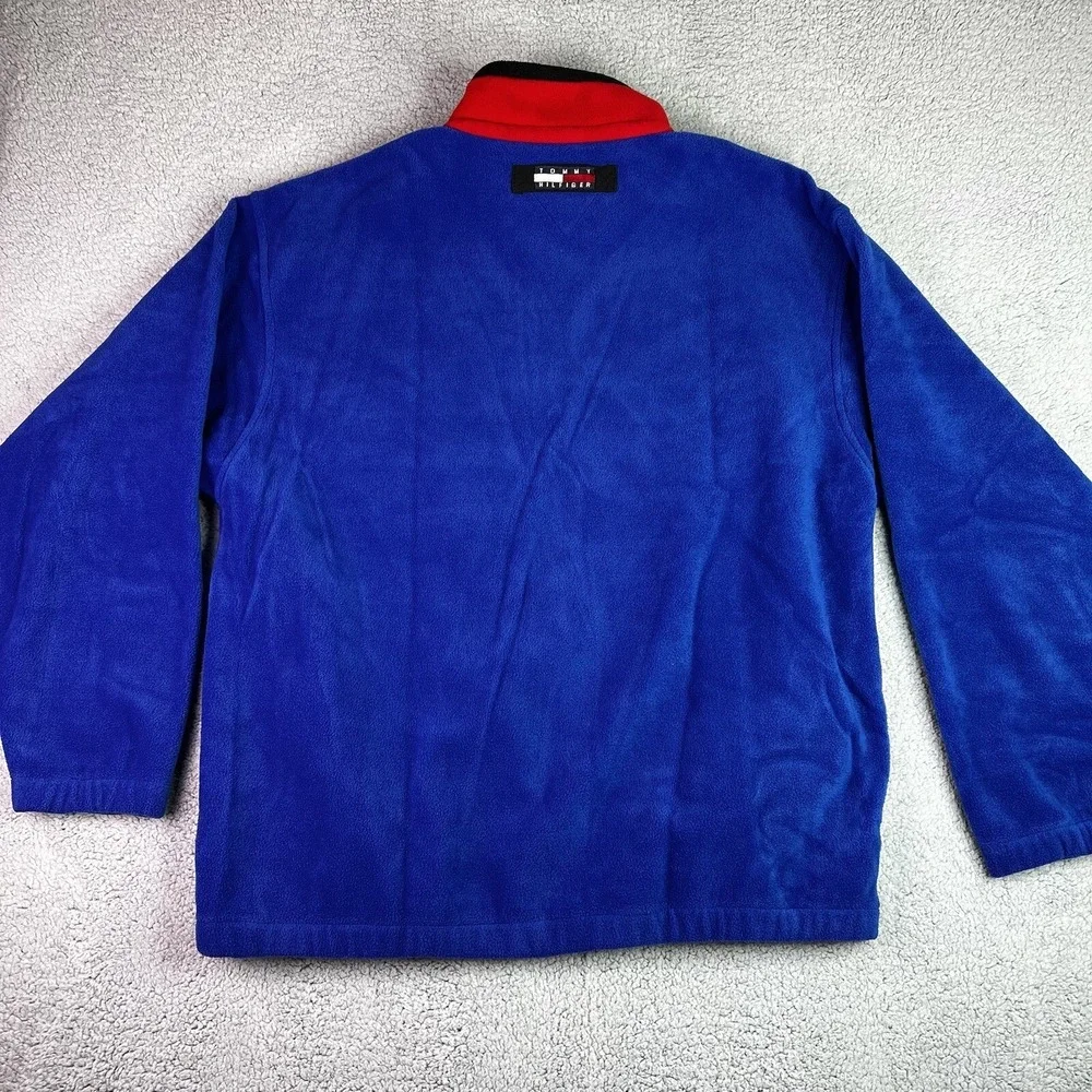 Vintage 90s Y2K Tommy Hilfiger‎ Mens 1/4 Zip Fleece Pullover Blue w/ Red XL